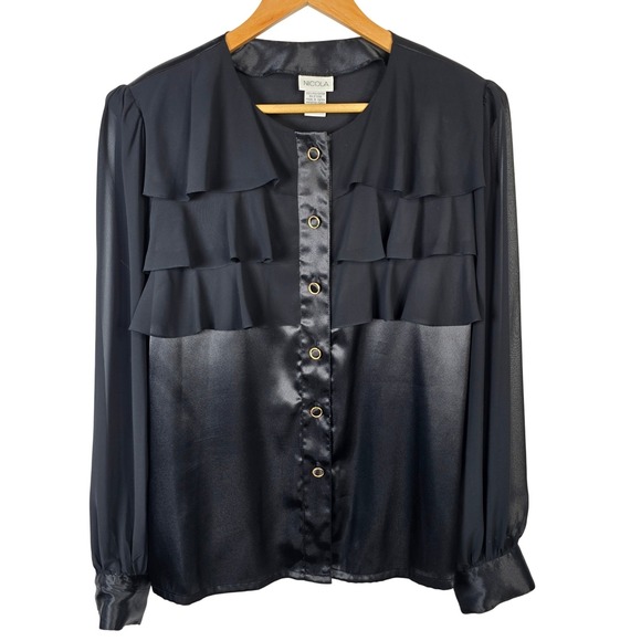 NICOLA Tops - Nicola Women's Black Ruffle Satin Trim‎ Long Sleeve Blouse Size 14